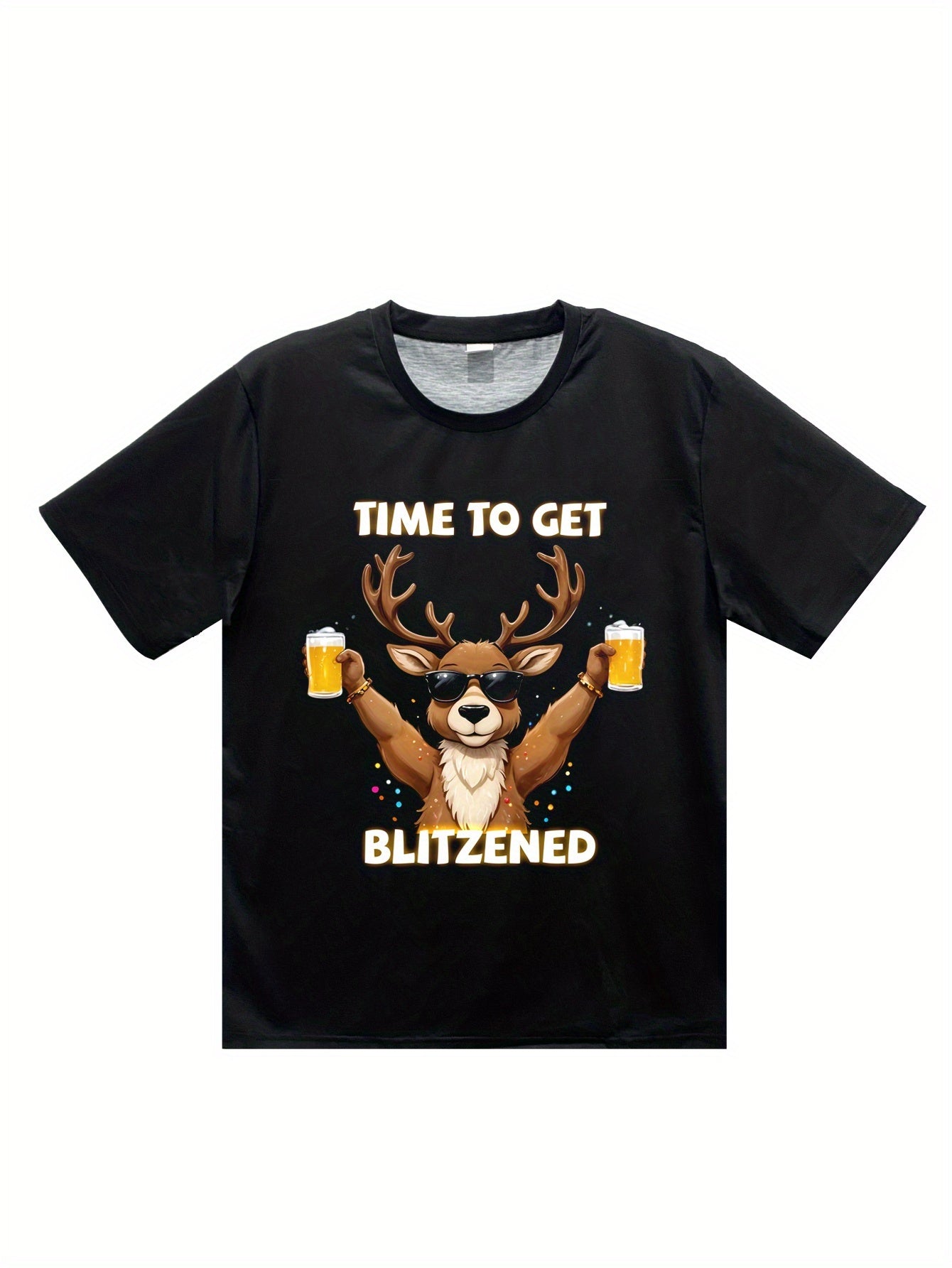 Men's Christmas Deer And Beer 3D Printed T-shirt - Casual Round Neck Short Sleeve, Breathable Polyester Fiber Summer Top-4