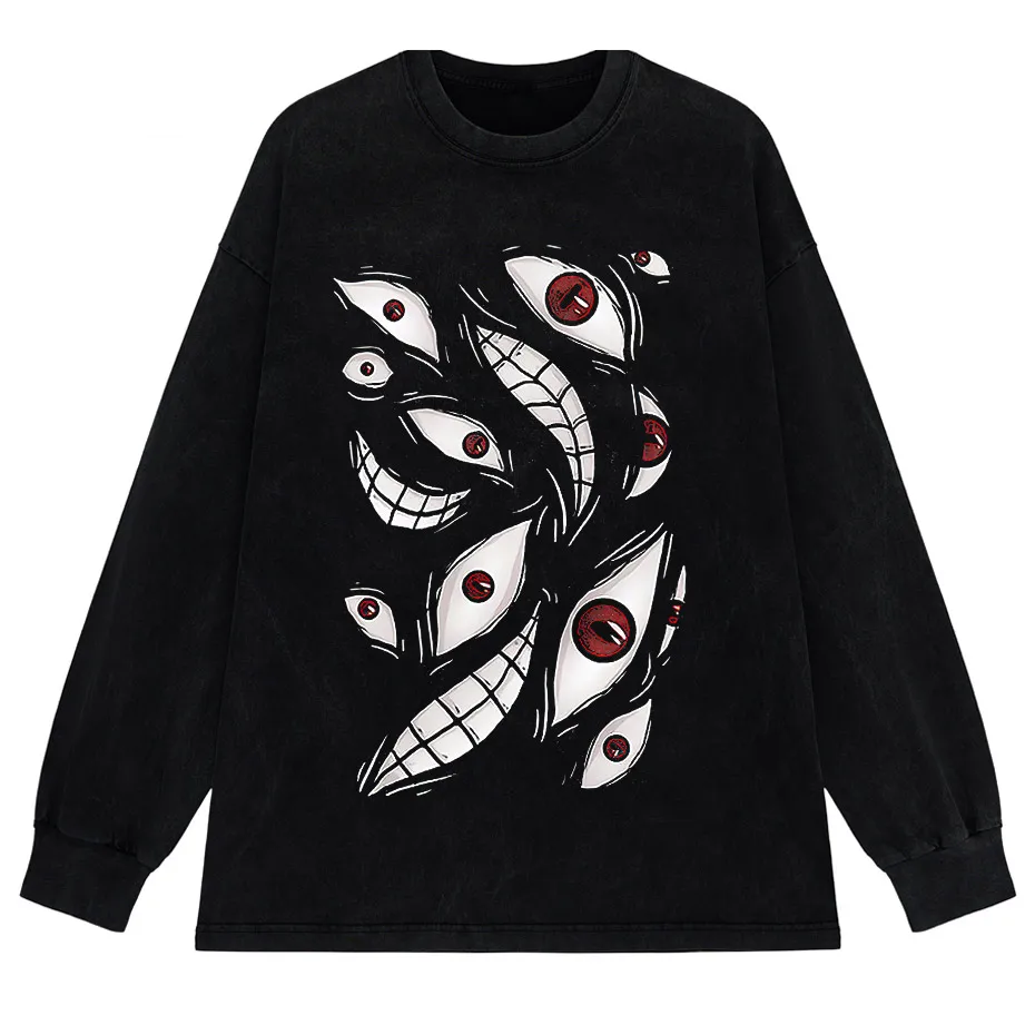 Harajuku Anime Eyes Graphic Washed T-Shirt Men Streetwear Cotton Tee-8