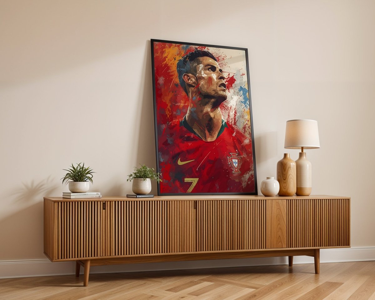 Fußball Legende Ronaldo Portugal · Dynamisches Kunstposter im Splash Art Stil · Wanddeko für Fans · Druck ohne Rahmen