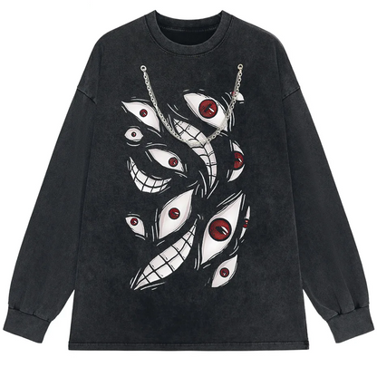 Harajuku Anime Eyes Graphic Washed T-Shirt Men Streetwear Cotton Tee-5