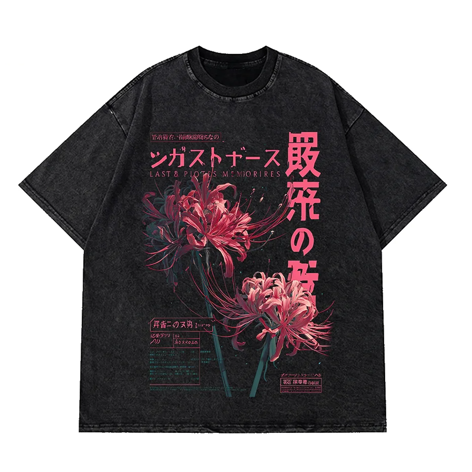 Anime Washed Spider Lily Graphic T Shirt Men Streetwear-0