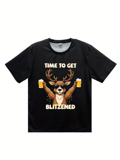 Men's Christmas Deer And Beer 3D Printed T-shirt - Casual Round Neck Short Sleeve, Breathable Polyester Fiber Summer Top-4