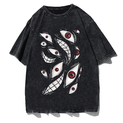 Harajuku Anime Eyes Graphic Washed T-Shirt Men Streetwear Cotton Tee-0