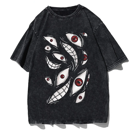 Harajuku Anime Eyes Graphic Washed T-Shirt Men Streetwear Cotton Tee-0