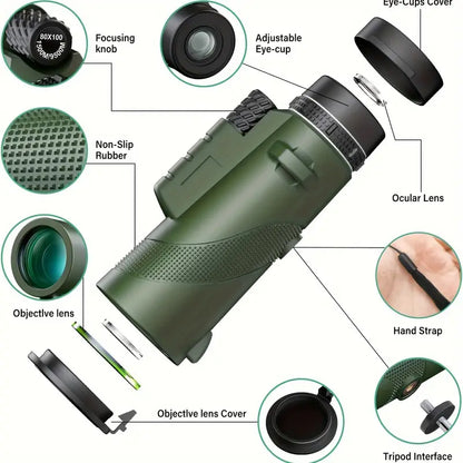 80x100 Monocular Telescope with Phone Clip and Tripod - Green
