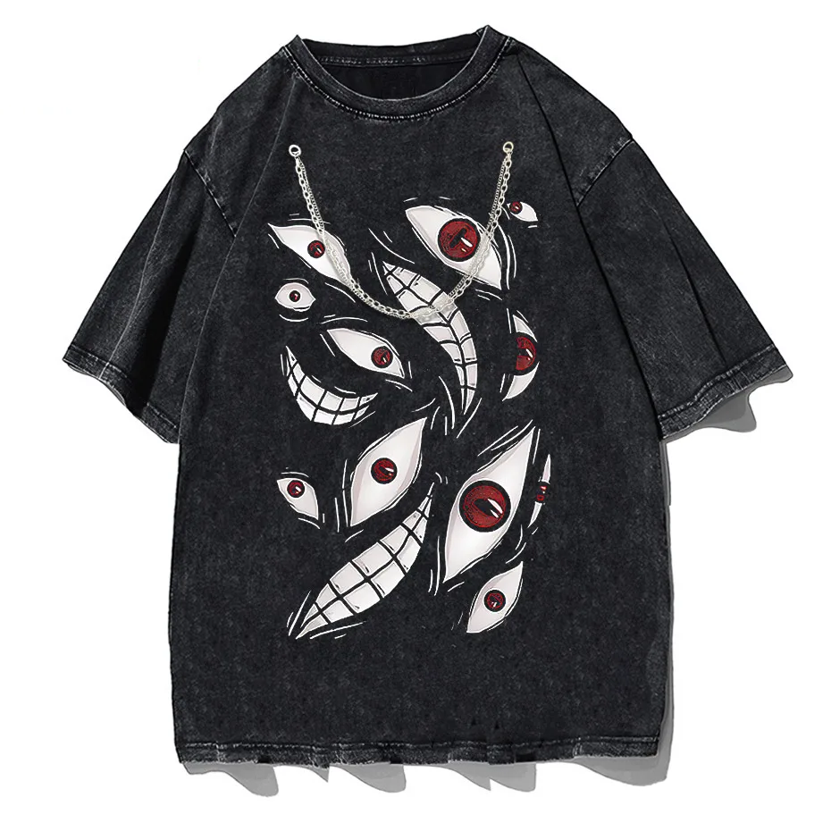 Harajuku Anime Eyes Graphic Washed T-Shirt Men Streetwear Cotton Tee-4