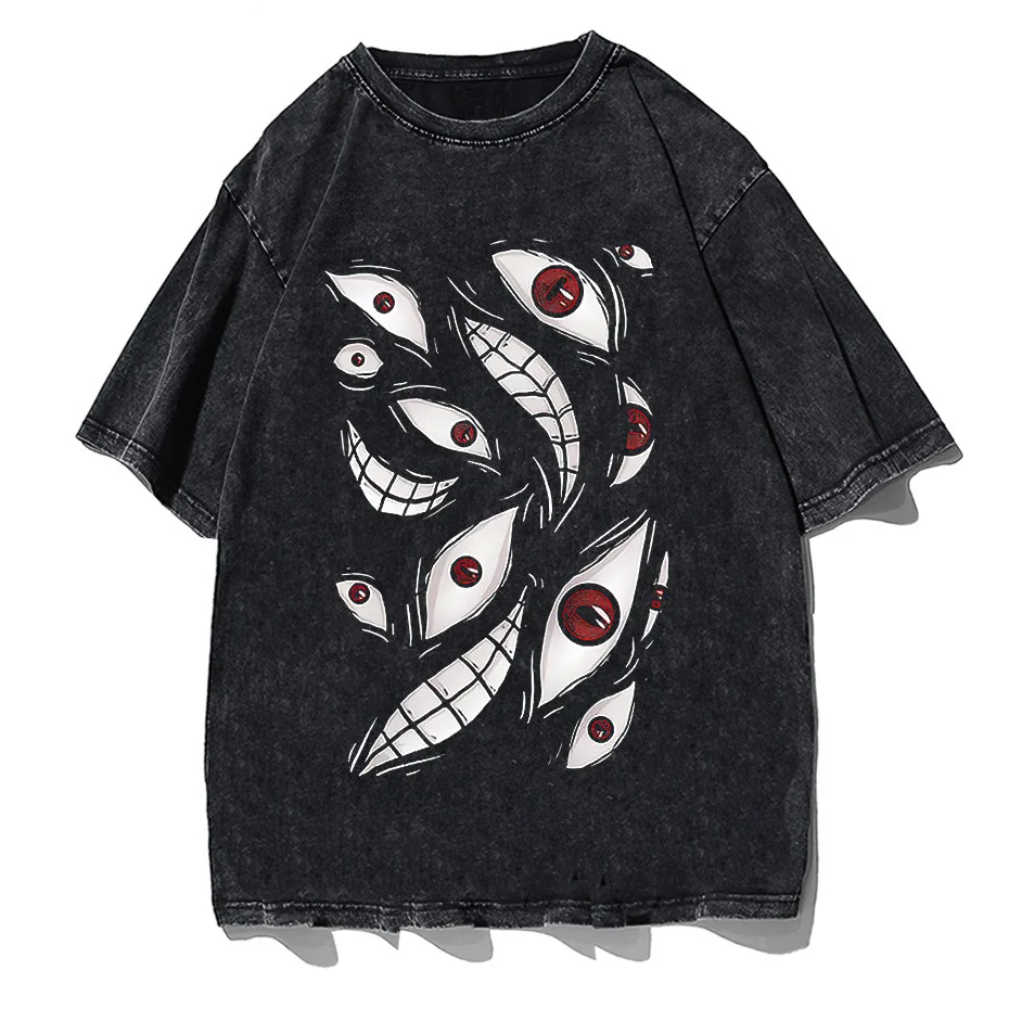 Harajuku Anime Eyes Graphic Washed T-Shirt Men Streetwear Cotton Tee-1