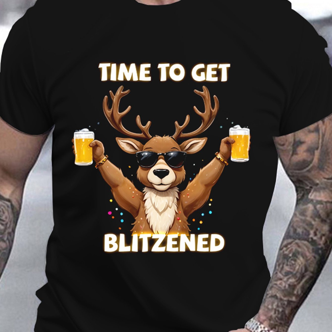 Men's Christmas Deer And Beer 3D Printed T-shirt - Casual Round Neck Short Sleeve, Breathable Polyester Fiber Summer Top-0