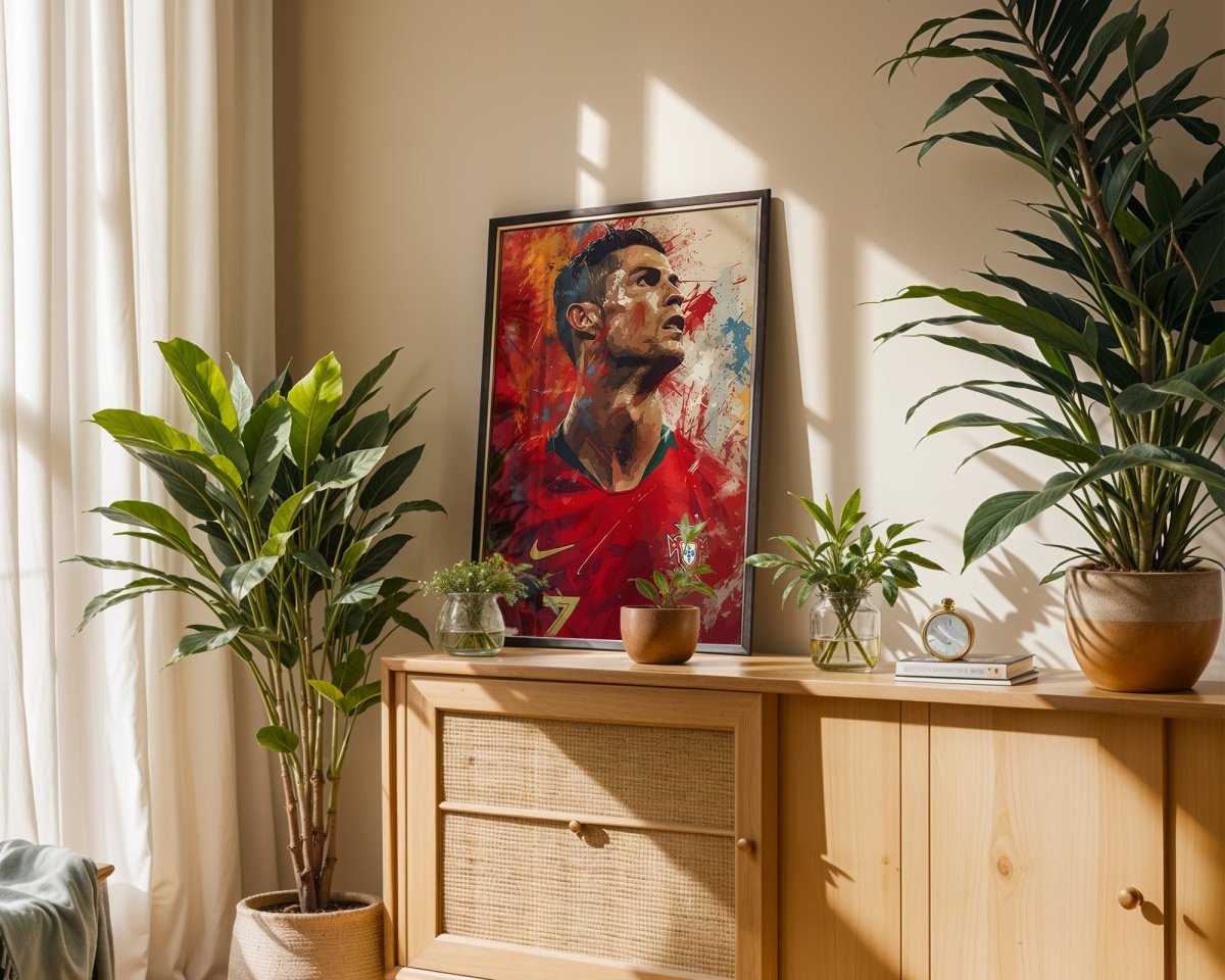 Fußball Legende Ronaldo Portugal · Dynamisches Kunstposter im Splash Art Stil · Wanddeko für Fans · Druck ohne Rahmen