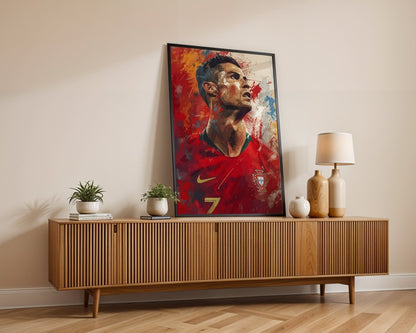 Fußball Legende Ronaldo Portugal · Dynamisches Kunstposter im Splash Art Stil · Wanddeko für Fans · Druck ohne Rahmen